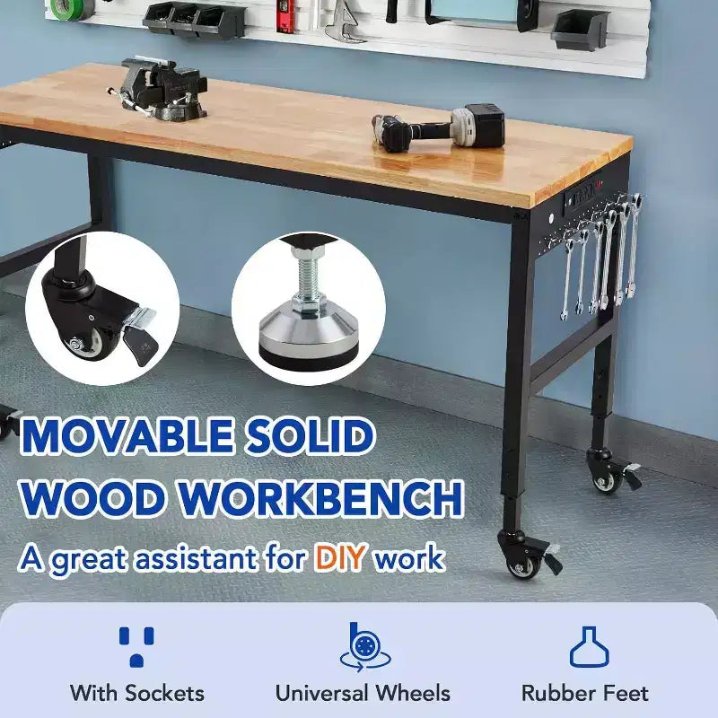 Acekool 75x25 Adjustable Workbench, 2000lbs Capacity, 29.5-38.4 Height, Garage Table with Wheels & Power Outlet for Workshop Office
