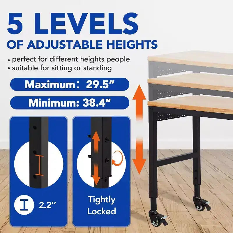 Acekool 75x25 Adjustable Workbench, 2000lbs Capacity, 29.5-38.4 Height, Garage Table with Wheels & Power Outlet for Workshop Office