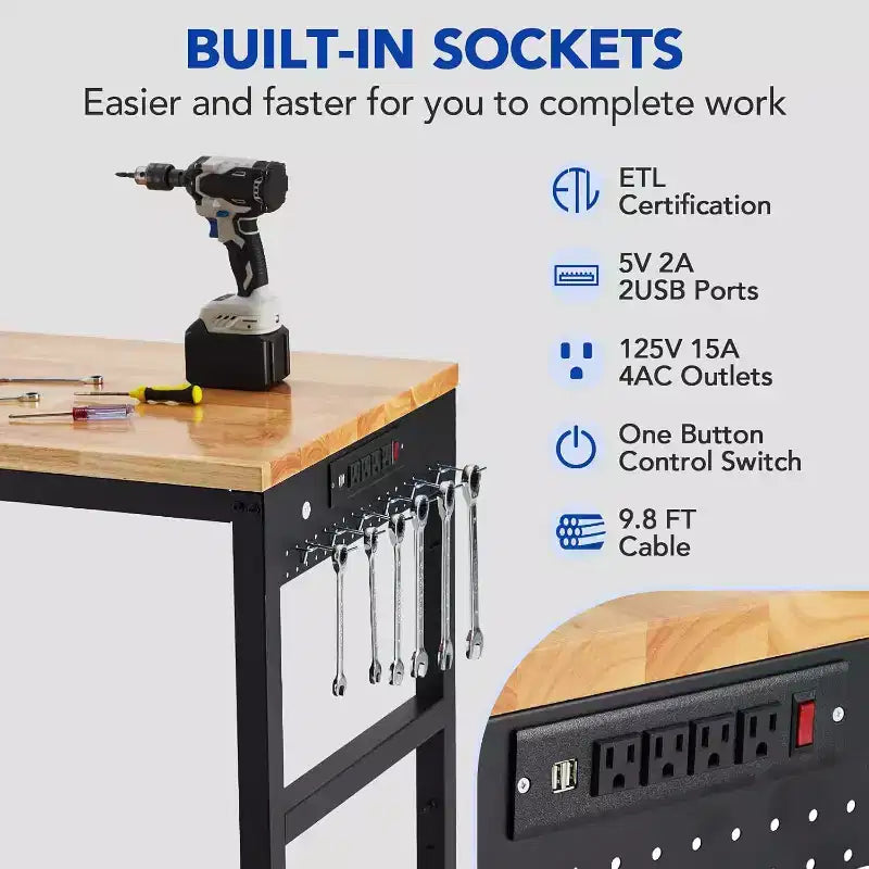 Acekool 75x25 Adjustable Workbench, 2000lbs Capacity, 29.5-38.4 Height, Garage Table with Wheels & Power Outlet for Workshop Office