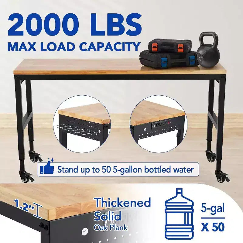 Acekool 75x25 Adjustable Workbench, 2000lbs Capacity, 29.5-38.4 Height, Garage Table with Wheels & Power Outlet for Workshop Office
