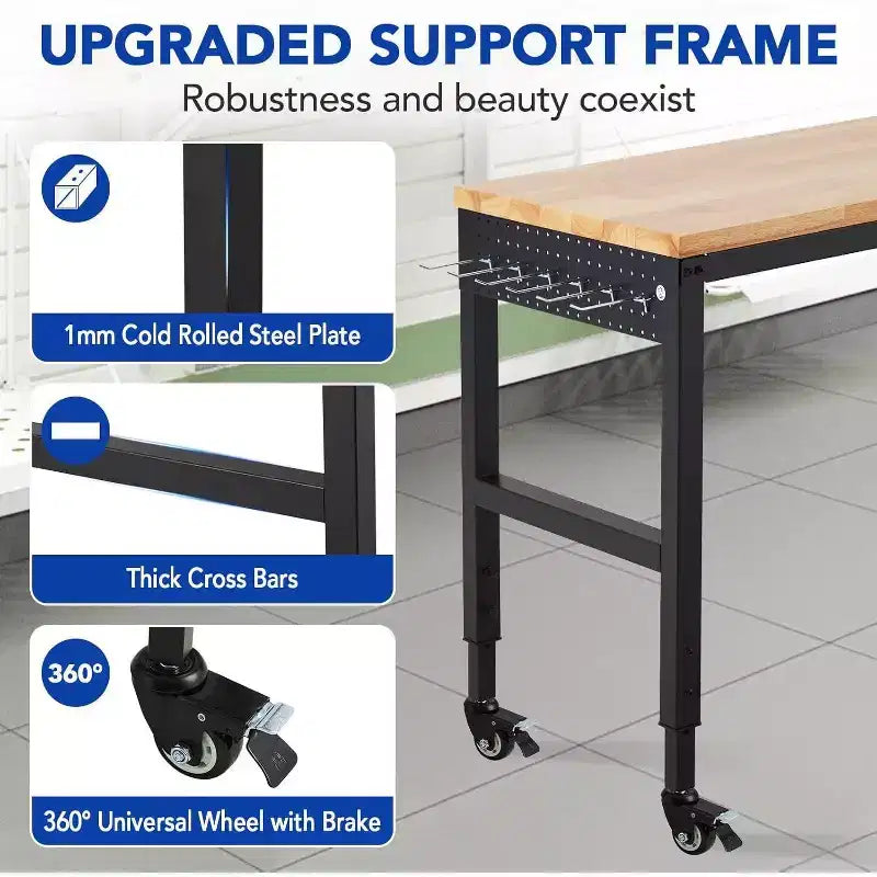 Acekool 75x25 Adjustable Workbench, 2000lbs Capacity, 29.5-38.4 Height, Garage Table with Wheels & Power Outlet for Workshop Office