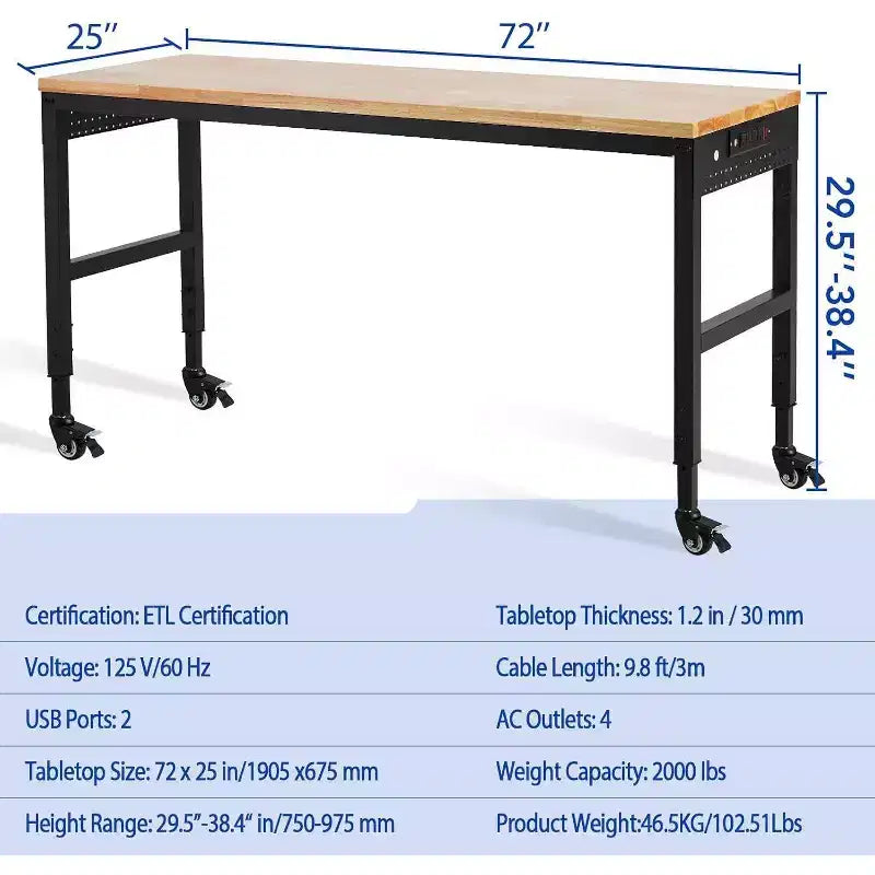 Acekool 75x25 Adjustable Workbench, 2000lbs Capacity, 29.5-38.4 Height, Garage Table with Wheels & Power Outlet for Workshop Office