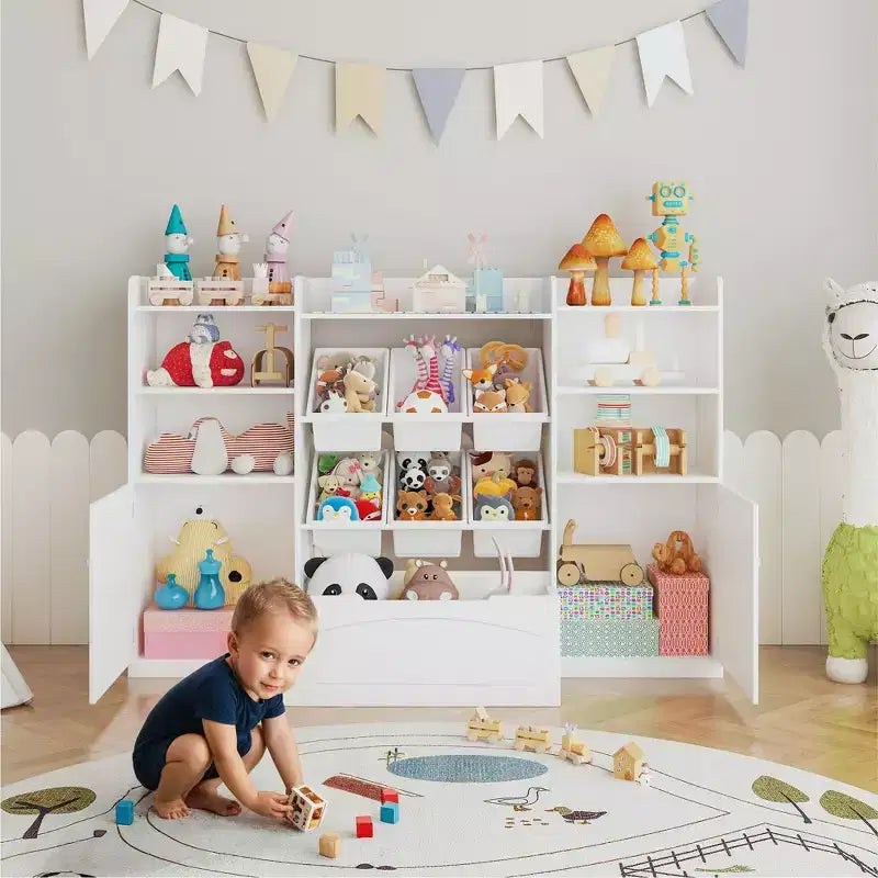 Kids Toy Storage Organize with 6 Removable Bins and Cubbies Kid Bookshelf and Toy Storage Large Toy Box with Bookshelf for Study Room,White