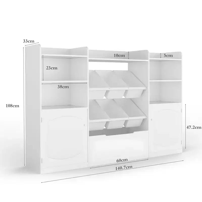 Kids Toy Storage Organize with 6 Removable Bins and Cubbies Kid Bookshelf and Toy Storage Large Toy Box with Bookshelf for Study Room,White