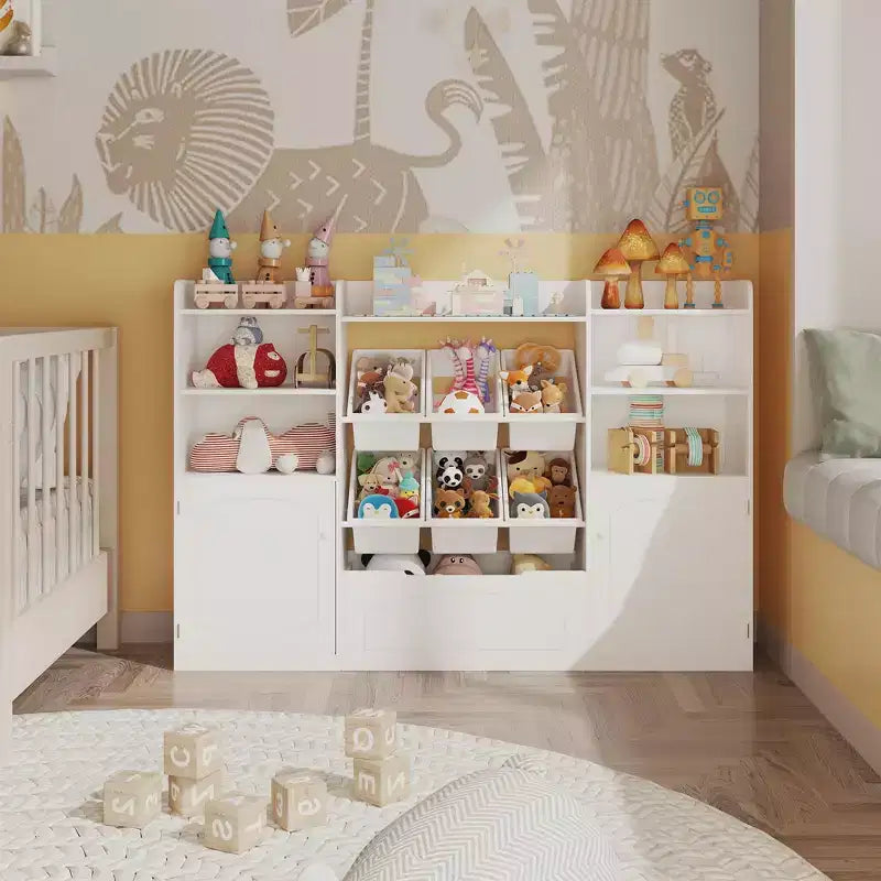 Kids Toy Storage Organize with 6 Removable Bins and Cubbies Kid Bookshelf and Toy Storage Large Toy Box with Bookshelf for Study Room,White