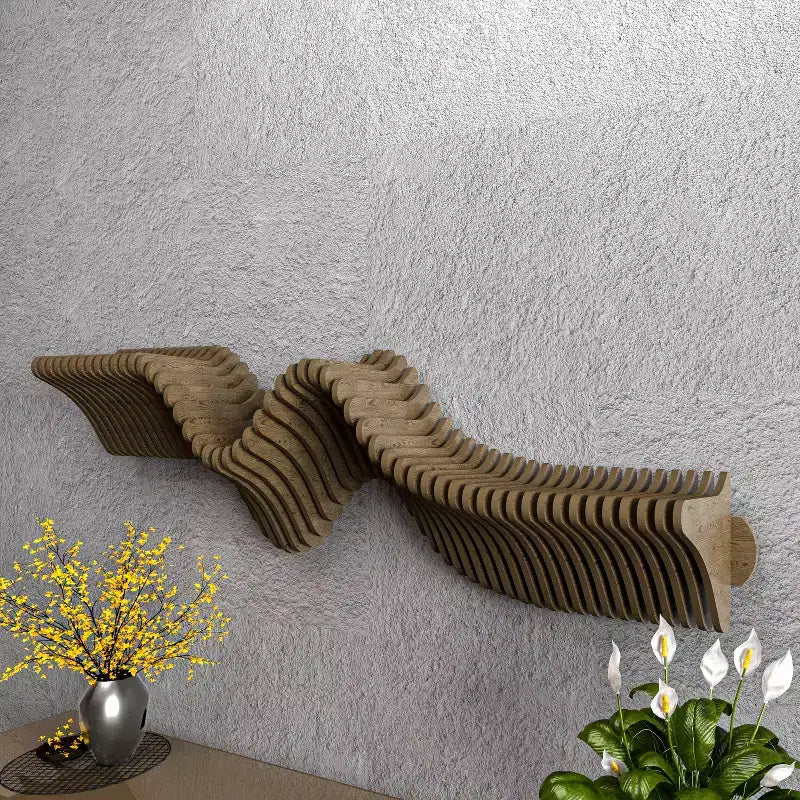 HomeStock Parametric 40 inch Floating Shelf TV Unit Modern Geometric Wooden Wall Piece Decor Natural Oak Color 3D Wavy Living and Gaming Room Shelf
